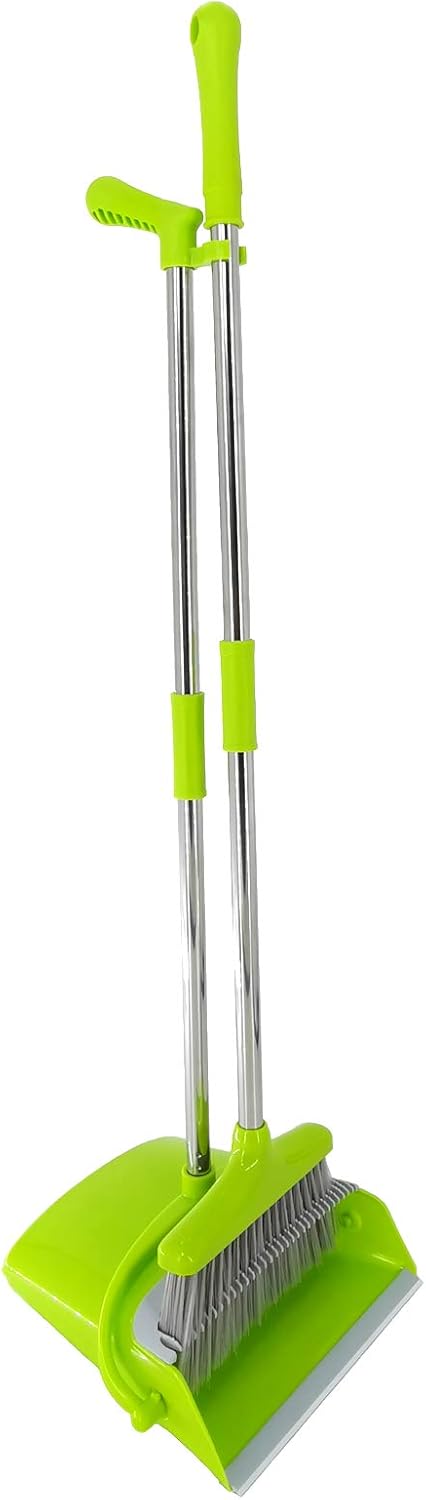 Extendable Long Handle Broom and Dustpan Set, Stainless Lightweight Upright Standing Broom and Dustpan Combo for Kitchen Lobby Office Living Room Household Indoor or Outside (Green)