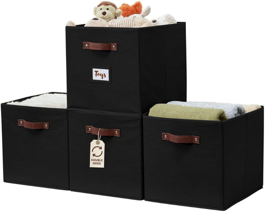 DECOMOMO Storage Baskets, 13x15x13 Storage Cube Bins with Labels for Organizing Shelves Kallax (Kallax / 4pcs, Black)