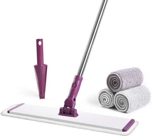 CQT Commercial Flat Microfiber Floor Mop Cleaning System 18" Inch Wet Dry and Dust Hardwood with 4 Washable Pads Cleaner for Laminate Tile Stainless Steel Handle and Extension (PT13-WET)