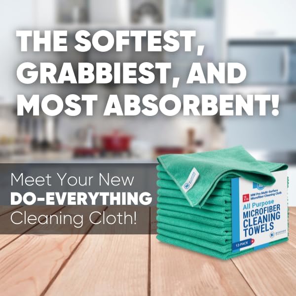 MW Pro Microfiber Cleaning Cloth | Green (12 Pack) | Size 16" x 16" | All Purpose Microfiber Towels - Clean, Dust, Polish, Scrub, Absorbent