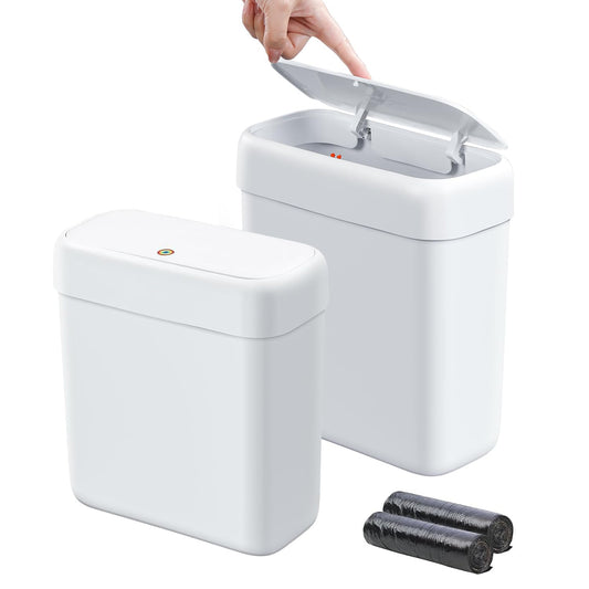 funest 2 Pack Bathroom Trash Can with Lid, 3 Gal/12 L & 2.7 Gal/10L Garbage Can with Pop-Up Lid, Small Spaces Plastic Trash Can, Slim Trash Bin Waste Basket for Bathroom,Rv, Office, White