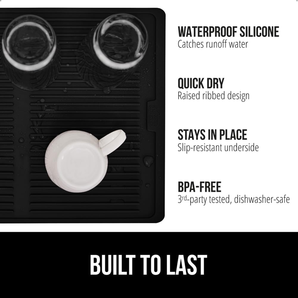 GORILLA GRIP 100% BPA-Free Patented Silicone Dish Drying Mat for Kitchen Counter, Water Catching Ribbed Design, Easy Clean Waterproof Sink Liner, Heat Resistant, Fits Under Rack, 16x12 Inch, Black