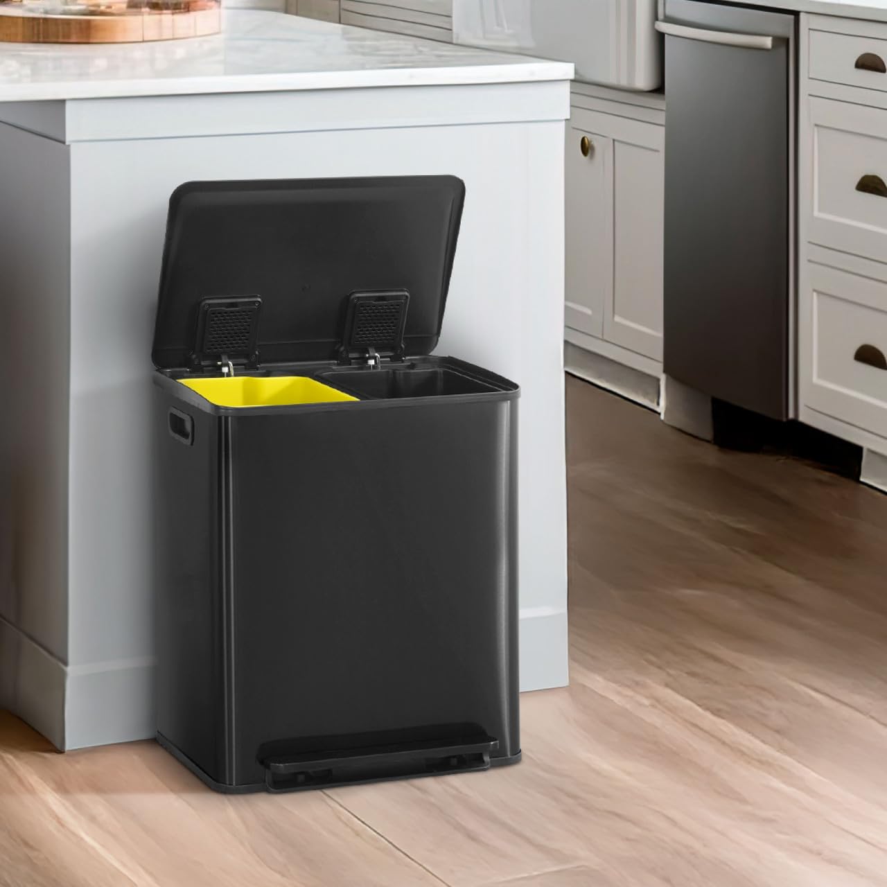 CAPHAUS Black Dual Trash Can w/Single Lid, Trash & Recycle Bins Combo, Hands-Free Stainless-Steel Garbage Can for Kitchen, with 2 Compartment, Hinged Lid, Odor Filters, Handles, 25L+25L, 2 x 6.6 Gal