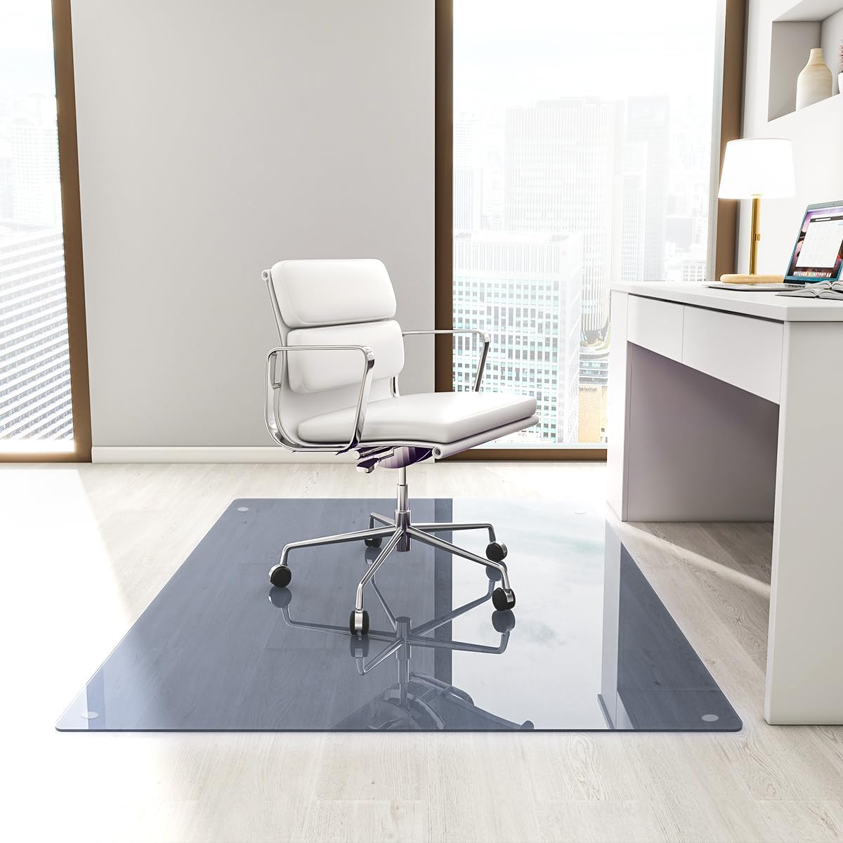 Tempered Glass Floor Mat for Office Chair, 36" x 46" Heavy Duty Hard Office Chair Mat, for Carpeted or Hard Floor, with 4 Anti-Slip Pads, Grey