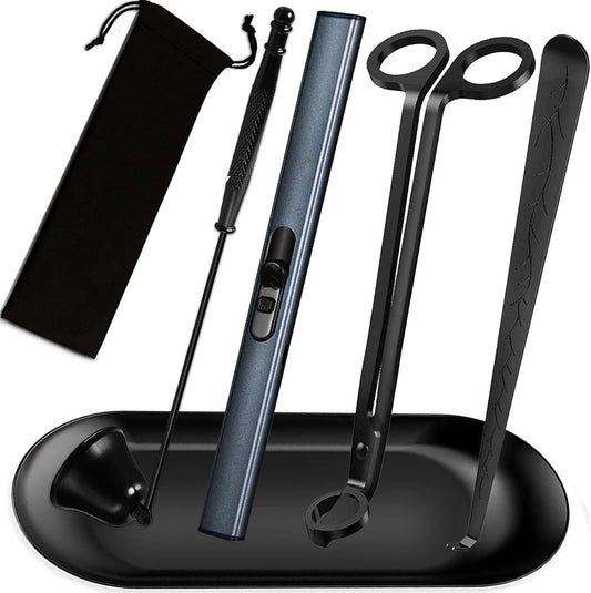 5IN1 Candle Accessory Set, Candle Wick Trimmer Cutter, Candle Snuffer & Candle Wick Dipper,Electric Lighter,Storage Tray Plat & Bag for Aromatherapy Candle Lover (Black)