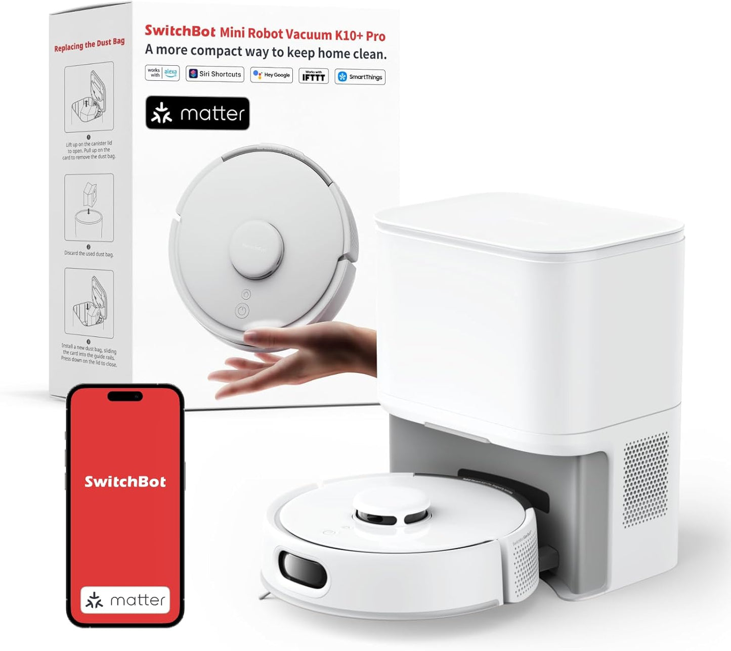 SwitchBot K10+ Pro Robot Vacuum Self Emptying for 90 Days Hands-Free, Super Quiet Mini Robotic Vacuum with Powerful Suction, Anti-Hair-Tangle, Works with Alexa/Siri/Matter(Hub 2 Required), 2.4Ghz WiFi