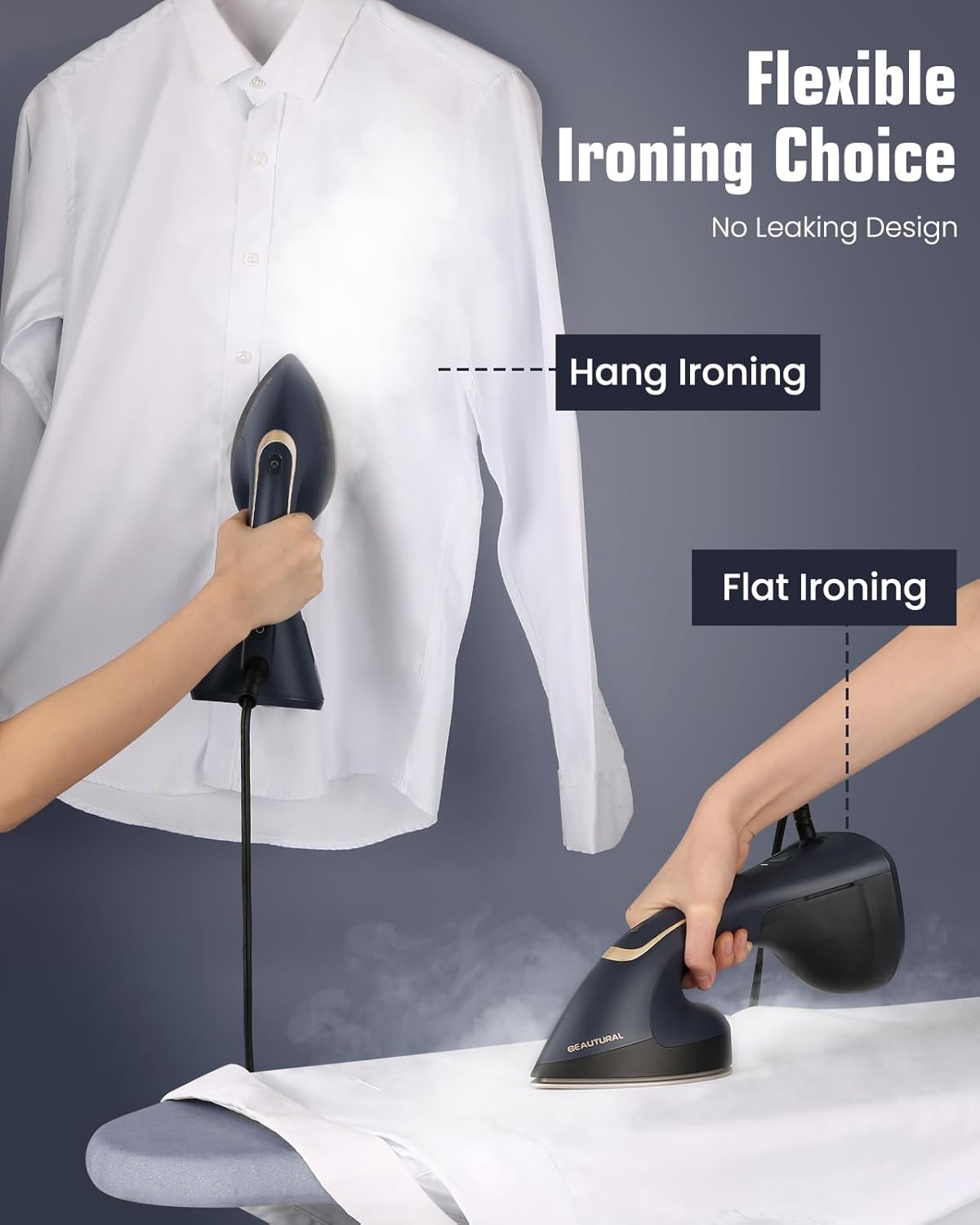 BEAUTURAL Steamer for Clothes, 2-in-1 Steam & Iron, 1200W Handheld Powerful Garment Fabric Wrinkle Remover with Burst Steam, Ceramic Heating Plate, 30-Second Fast Heat-up, Auto-Off (Only for 120V)