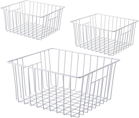 Upright Freezer Organizer Bins， Freezer Baskets for 14, 15 cu.ft Standup Freezer, Wire Storage Bins with Built-in Handles for Frozen Foods, Snacks, Vegetables, Fruits and More, 3Pcs , White