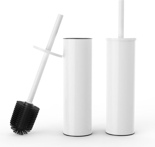 Toilet Brush and Holder Set, 2 Pack Stainless Steel Toilet Bowl Brush with Lid, Rust Proof Toilet Cleaner Brush with Caddy, Durable Bristles, Splash Proof, Ideal for Bathroom（White）
