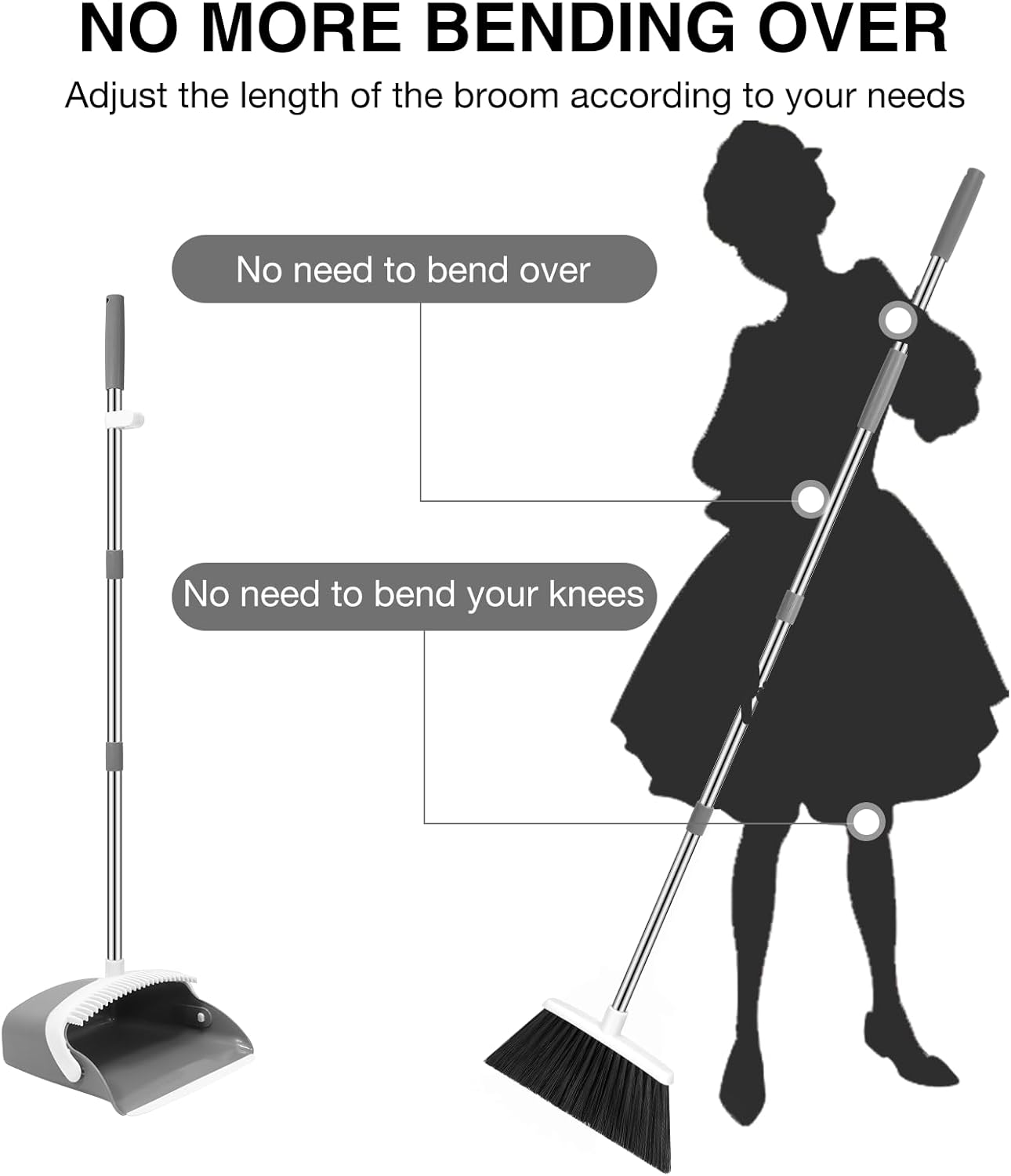 NACENA Broom and Dustpan Set, 52-in Long Adjustable Handle Broom Dustpan Combo with Dustpan Teeth to Automatically Clean Hair Suitable for Home Kitchen Office Hall Floor (Grey&White), 2 Pack