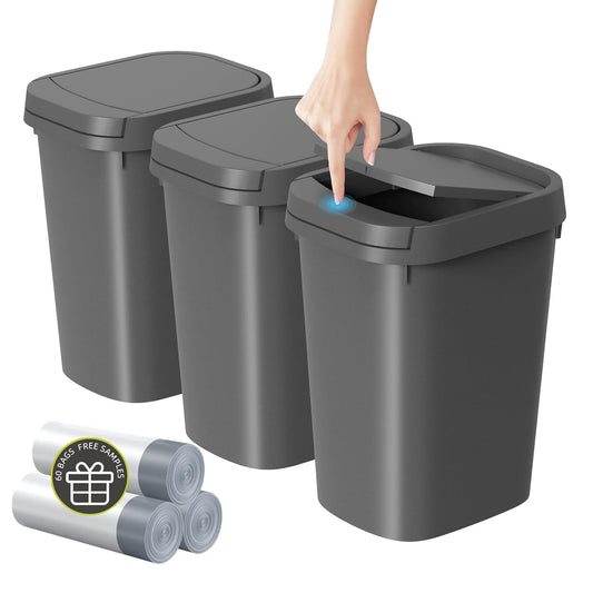 3 Pack Bathroom Small Trash Can with Lid, 2.6 Gallon Slim Garbage Bin with Pop-Up Lid, 10L Plastic Wastebasket for Bedroom, Office, Kitchen, Toilet (Gray)