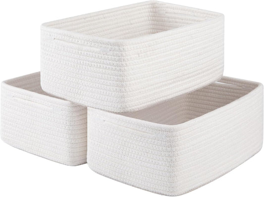 3 Pack Small Storage Baskets for Organizing, Cute Woven Decorative Gift Baskets for Shelves, Mini Closet Organizer Bins with Handles-13''Lx8.66''Wx5.11''H-White