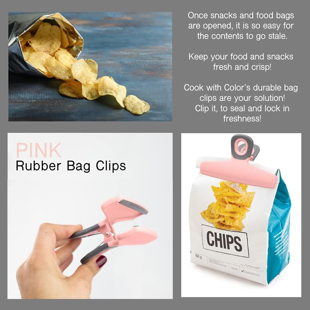 COOK WITH COLOR Food Clips - Wide Heavy Duty Chip Clips, Large Bag Clips for Food Storage with Air Tight Seal Grip, Pack of 4, Pink