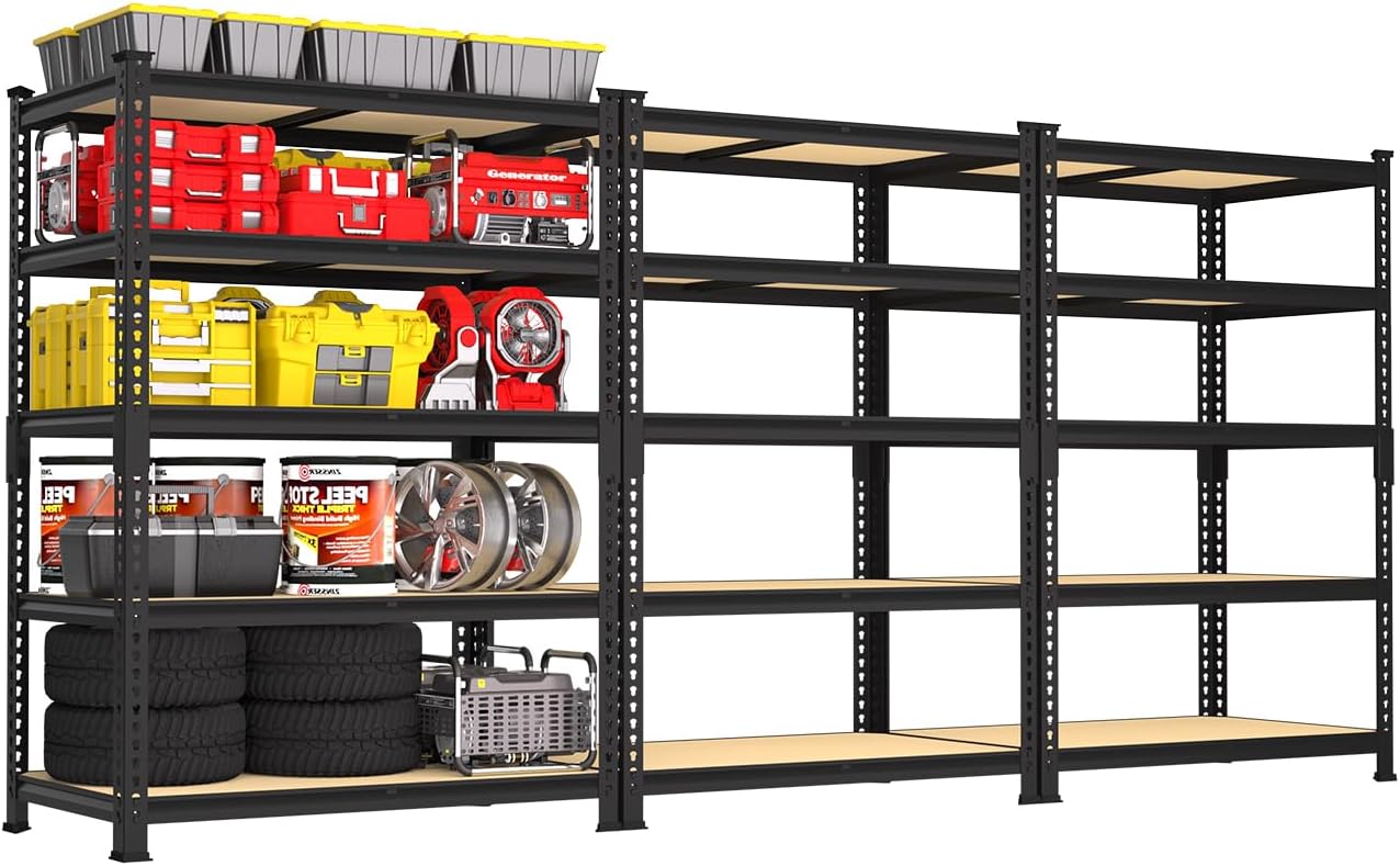 PrimeZone 36" x 16" x 72" Heavy Duty Storage Shelves - 5 Tier Adjustable Garage Storage Shelving, Metal Storage Utility Rack Shelf Unit for Warehouse Pantry Closet Kitchen, Black, 3 Pack