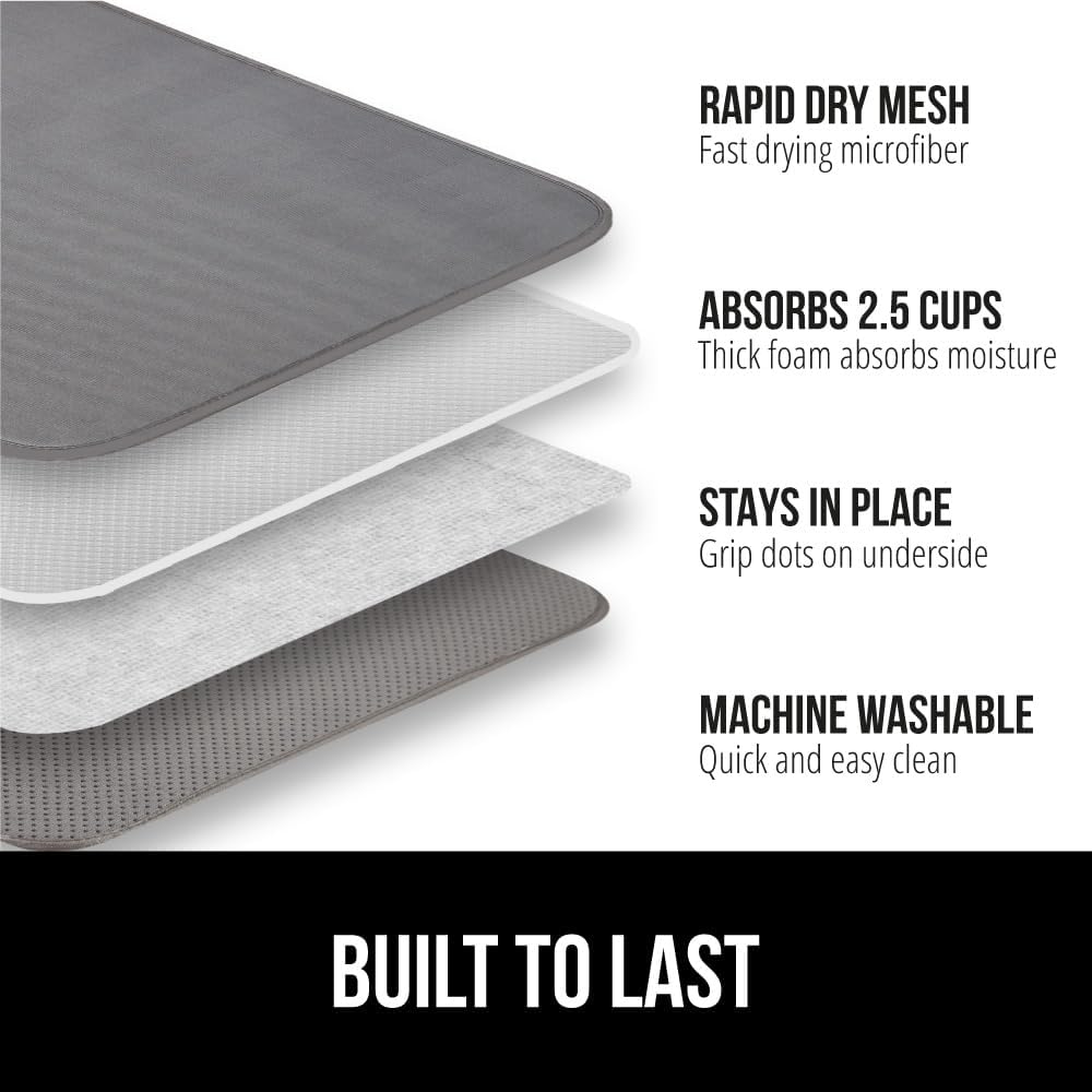 GORILLA GRIP Ultra Water Absorbent Microfiber Dish Drying Mat, Quick Dry Thick Mesh, Slip Resistant Pad for Sink Dishes or Under Rack, Kitchen Counter Accessories, 16x18, Machine Wash Mats, Gray