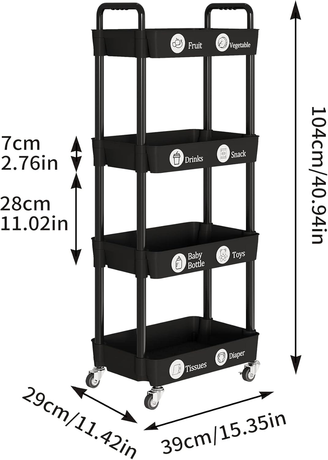 Laiensia 4-Tier Rolling Cart with Wheels,Multifunction Utility Storage carts, Kitchen Storage Organizer,Mobile Shelving Unit for Bathroom,Laundry,with Classified Stickers,Black