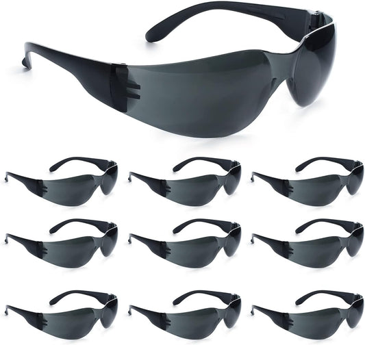 amoolo Tinted Safety Glasses Bulk of 24, Protective Safety Sunglasses, Dark Smoke Lenses for UV Protection, ANSI Z87.1 Impact Resistant Eye Protection for Work, Lab, Construction