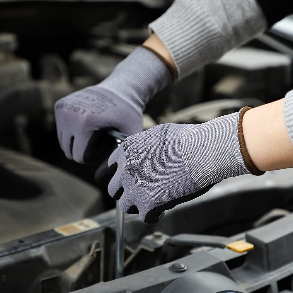 LOCCEF Safety Work Gloves MicroFoam Nitrile Coated-12 Pairs,Seamless Knit Nylon Gloves,Home Improvement,Micro-Foam Gloves