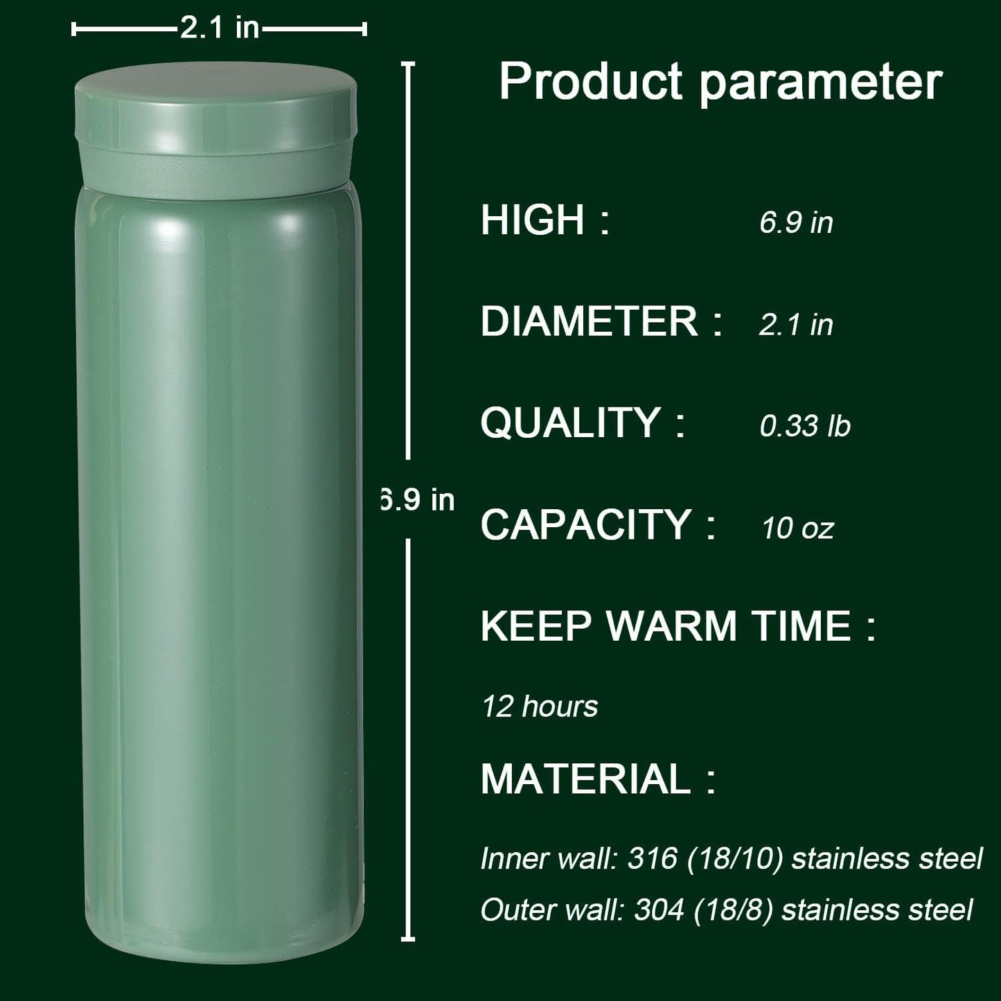 10oz Mini Water Bottle Stainless Steel Thermos Small Flask - Insulated Vacuum, Leak Proof, Keeps Drinks Hot/Cold - Ideal for Coffee, Tea, Water - Green