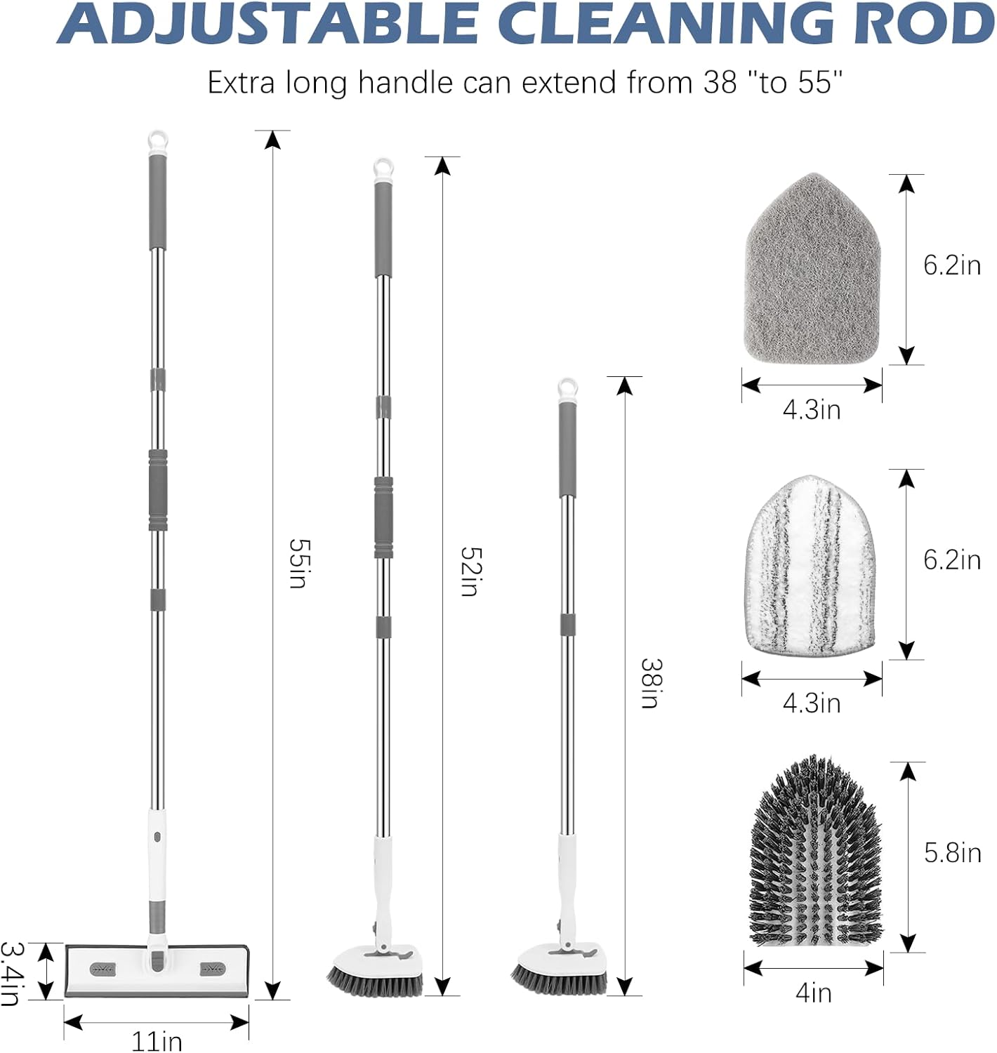 SetSail 4-in-1 Tile Tub Floor Scrubber with 52-inch Adjustable Long Handle Shower Cleaner Brush Comes with Window Scrubber and 3 Replacement Brush Heads for Cleaning Bathroom Kitchen Tub Tile, White