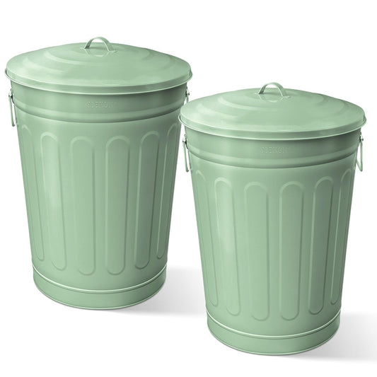 Plexon Round Trash Can 13 Gallon, Vintage Metal Outdoor Trash Can with Lid, Retro Farmhouse Garbage Container, Old School Modern Ash Bucket, Green 2 Pack