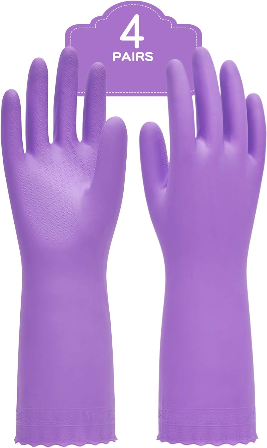 PACIFIC PPE 4 Pairs Reusable Dishwashing Cleaning Gloves with Latex Free, Cotton Lining, Kitchen Gloves, Purple, Large