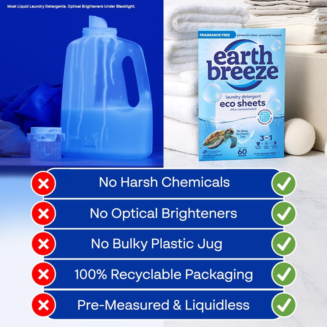 Earth Breeze Laundry Detergent Sheets Fragrance-Free - 180 Loads Eco Liquidless Soap - Travel-Friendly for Hot & Cold Cycles, Tackles Tough Stains & Odors - Gentle on Sensitive Skin, 90 Ct (3 Pack)
