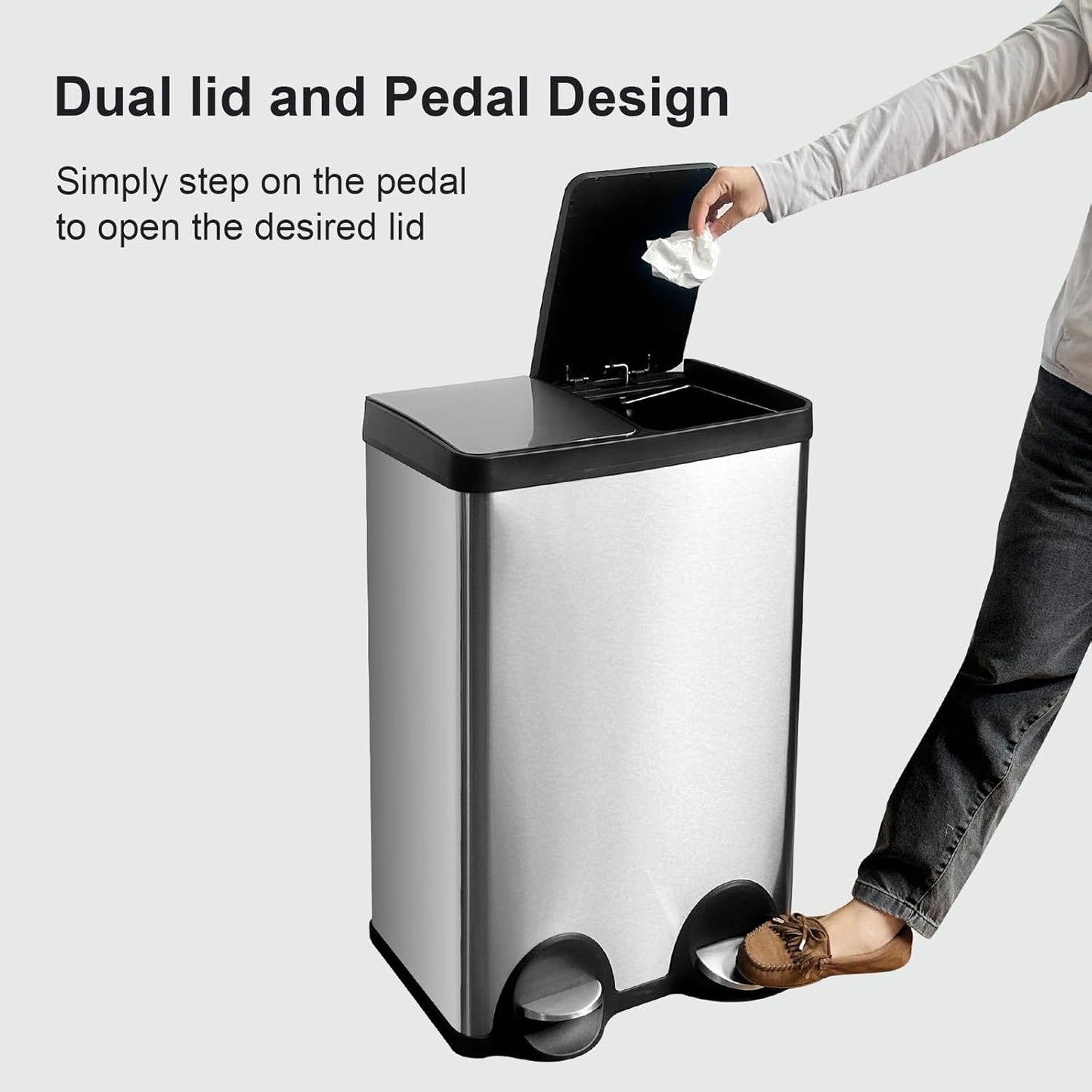 Dual Trash Can, 60 Liter/16 Gallon Dual Bin Trash Can with Lids, Trash and Recycling Bin Combo, Hands-Free Stainless Steel Kitchen Garbage Can, Silver Recycling Waste Bin for Home, Office