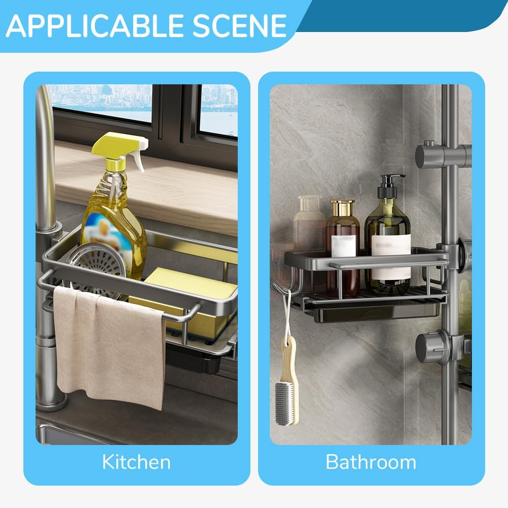 Sink organizer rack for kitchen and bathroom, 2024 New Kitchen Sink Faucet Organizer with Drip Tray Faucet Sponge Holder (Silver, Left)