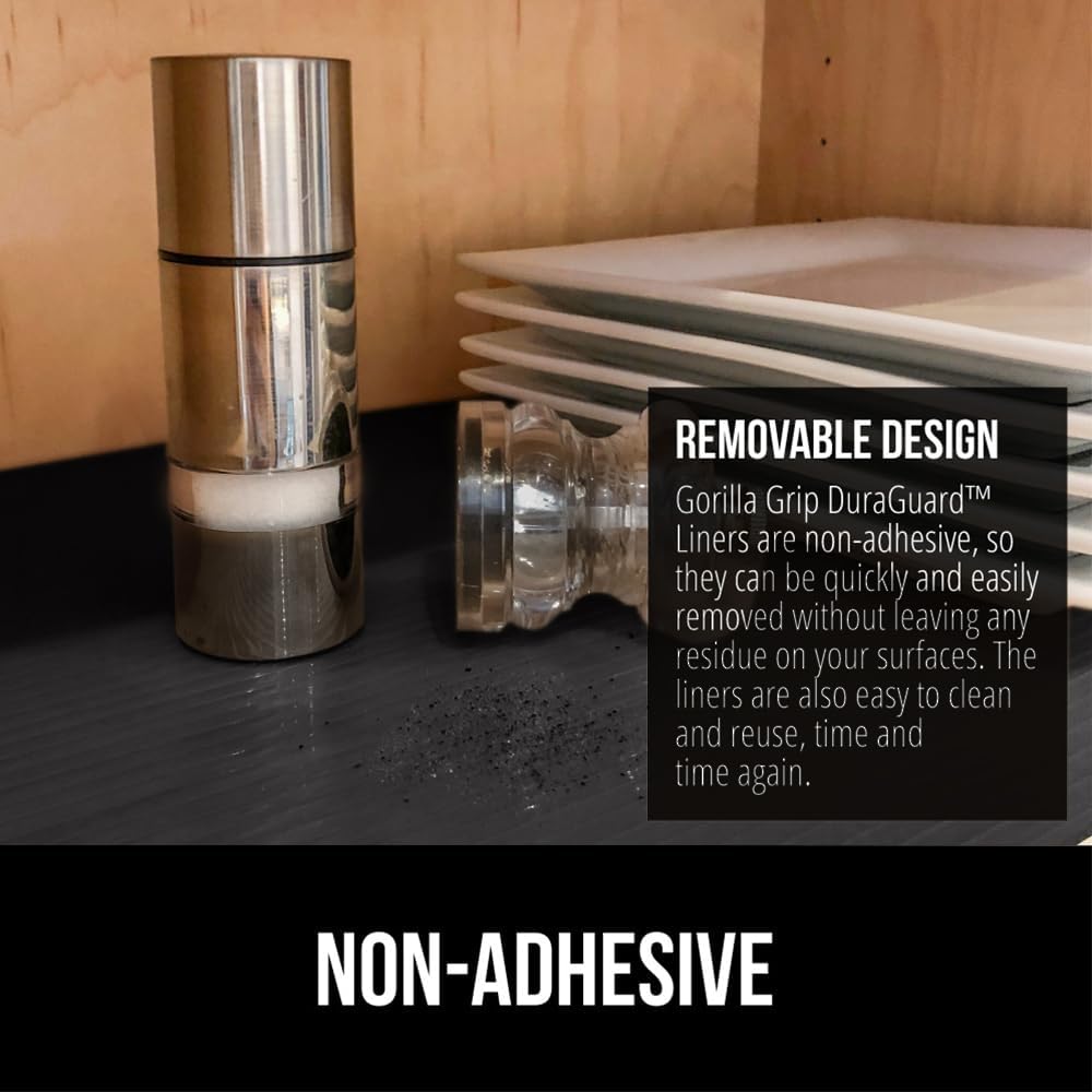 GORILLA GRIP DuraGuard Shelf Liner, Non-Adhesive Cabinet Liners for Kitchen Drawers, Shelves, Refrigerator, Pantry Storage, Bathroom Closet, Durable Waterproof BPA Free Ribbed Plastic, 20x10 Jet Black