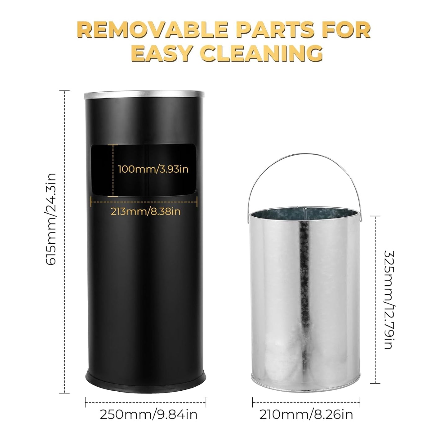 Trash Can Outdoor Waste Container Round Stainless Steel Trash Can with Removable Inner Bucket for Disposal Commercial Waste Container with Hollow Tray 9.8‘’ x 24‘’-Black