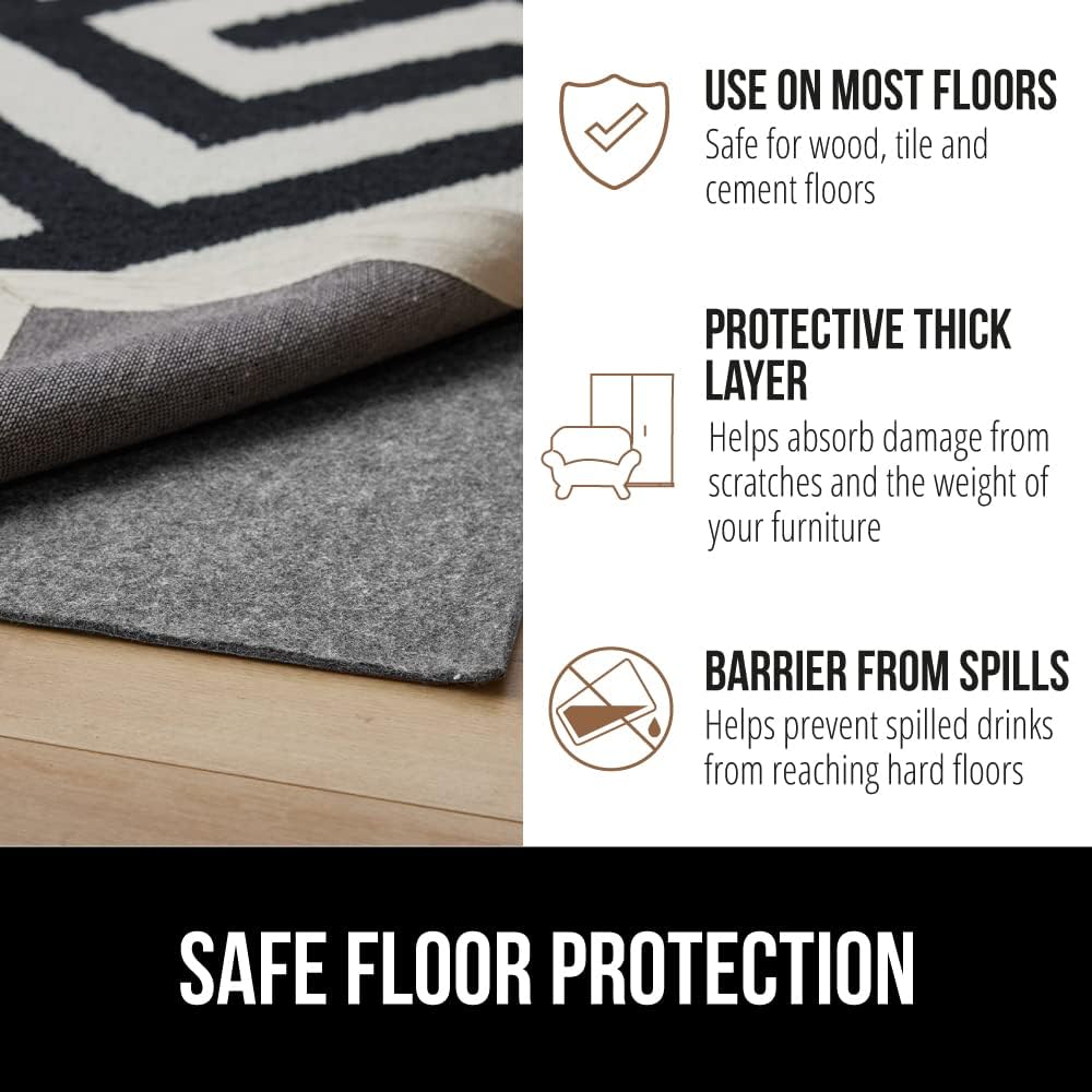 GORILLA GRIP Felt and Natural Rubber Stay in Place Slip Resistant Rug Pad, 1/4in Thick, 5x8 FT Protective Padding Under Area Rugs, Cushioned Gripper Pads, Carpet Runners, Hardwood Floors Protection