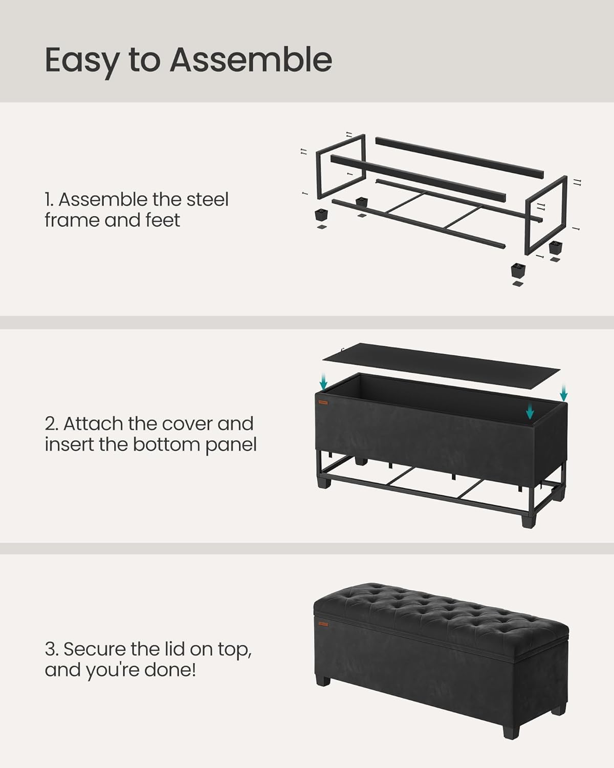 SONGMICS Velvet Storage Ottoman Bench, Foot Rest with Legs, 15.7 x 43 x 15.7 Inches, End of Bed Bench, Storage Chest, Load up to 660 lb, for Living Room, Bedroom, Entryway, Ink Black ULSF089B02