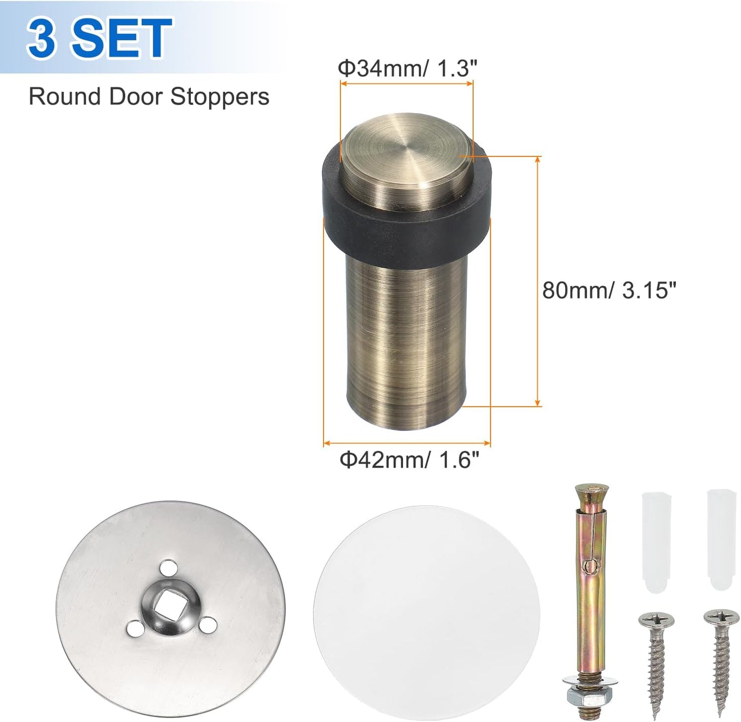 PATIKIL 3Set Round Door Stoppers, 80mm Stainless Steel Door Stop Doorstop Wedge Metal Cylinder Self Adhesive with Screw for Bottom of Door Floor Inside, Bronze