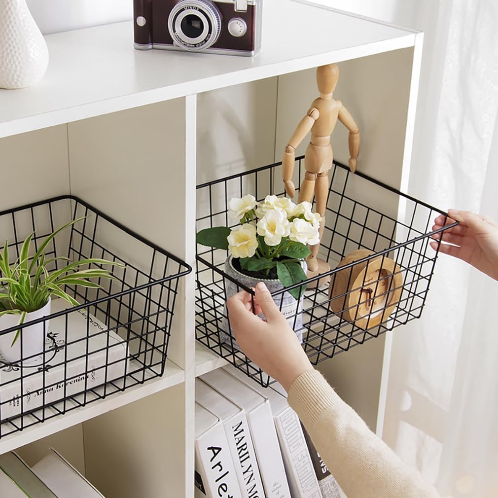 Kitchen Wire Baskets Farmhouse Decor Metal Food Storage Organizer, Household Refrigerator Bin with Built-in Handles for Cabinets,Pantry Set of 2 Black