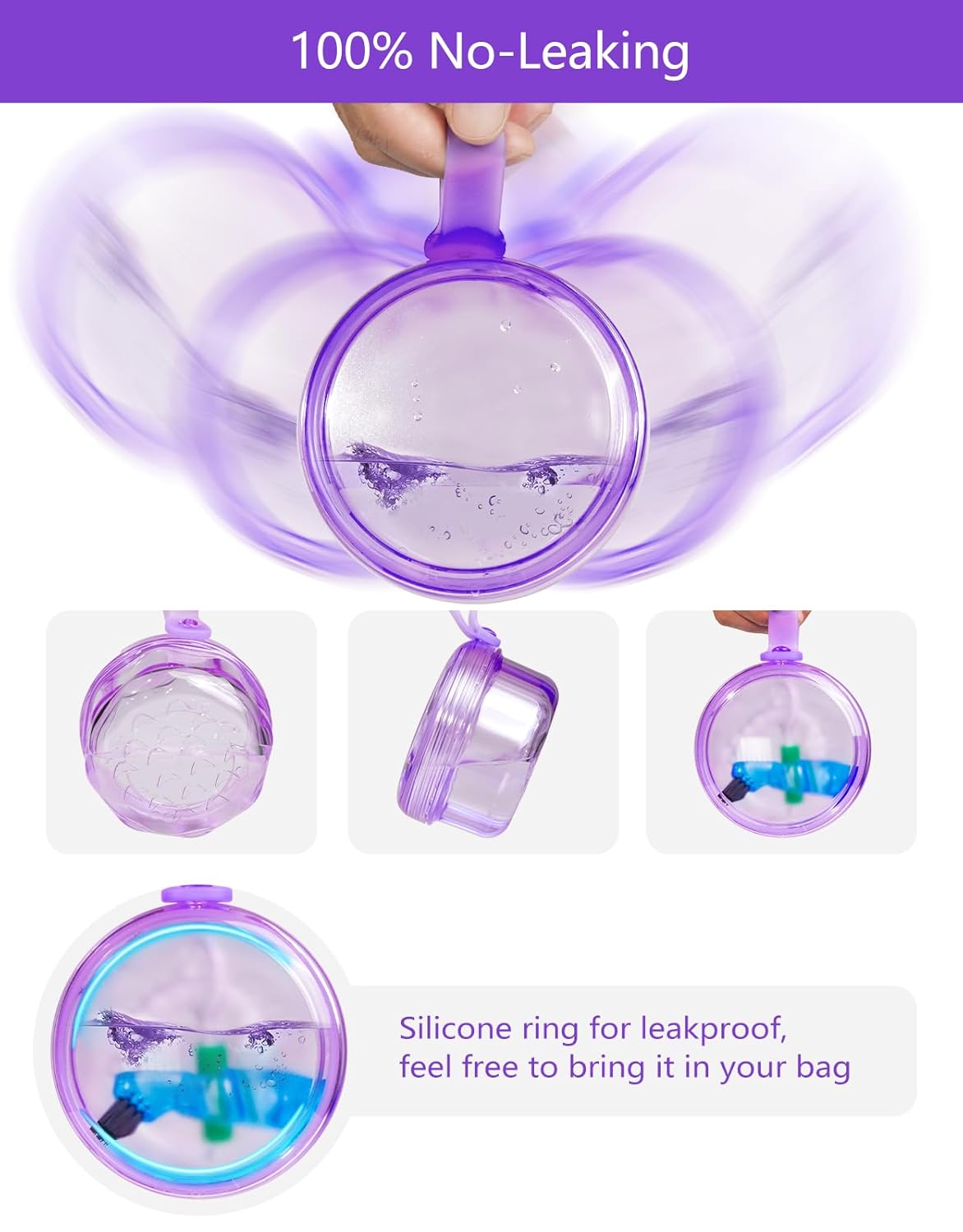 Leak Proof Purple Denture Cups for Soaking Dentures, Partial Denture Bath Case Travel Retainer Cleaning Container Case with Brush for Aligner, Denture, Mouth Guard