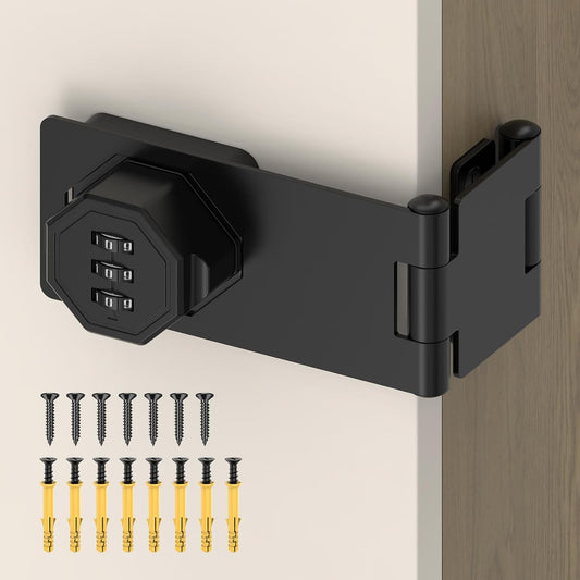90 Degree 3-Digit Combination Cabinet Lock, Zinc Alloy Keyless Folding Hasp Lock Latch, Password Security Rotary Door Latch for Office File Cabinet, Drawer, Locker, Cupboard (1, Black)