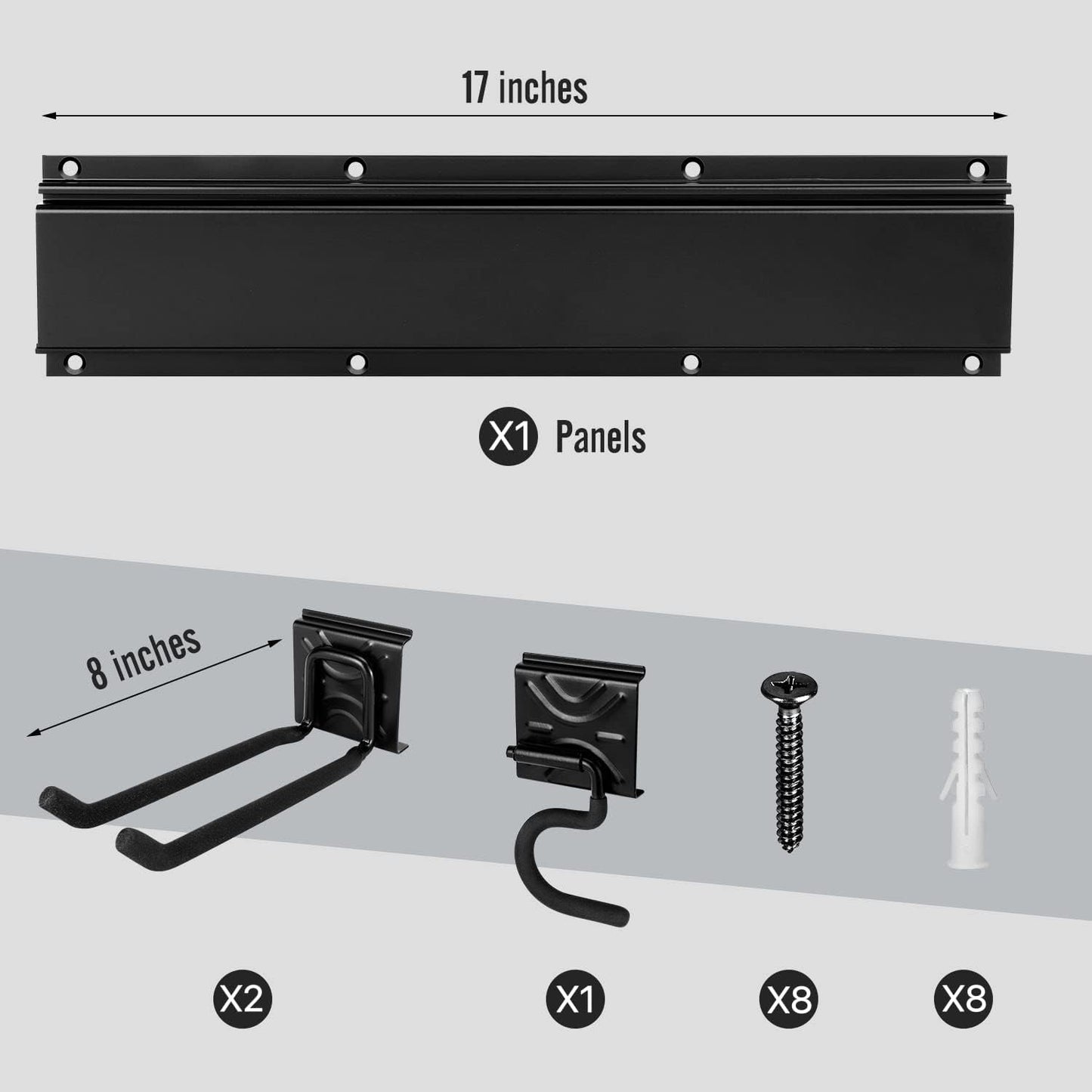 Tool Rack Kits, Garage Wall Organization Hanger with 1 Mop Hook and two 8-inch Multi-Purpose Hooks, Garden Yard Shovels Rakes for String Hedge Trimmer Brooms Hoses Folding Chairs ladders, and More