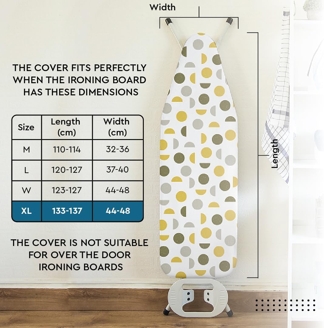 Encasa XO Ironing Board Cover and Pad 57"x22" - Thick 3mm Felt Padding, Drawstring Tightening & Lock, Easy Fit, Scorch & Stain Resistant, Fits X-Large Ironing Board - Big Leaves Green