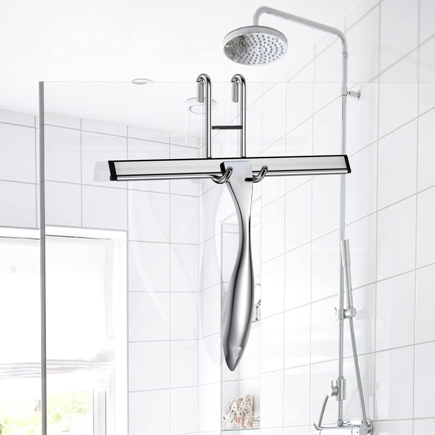 Shower Squeegee for Glass Door 12-Inch Stainless Steel Bathroom Squeegee Window Wiper, 100% Streak-Free, Includes Shower Door Hook and Adhesive Hook, for Window Mirror Tiles Car All-Purpose Squeegee