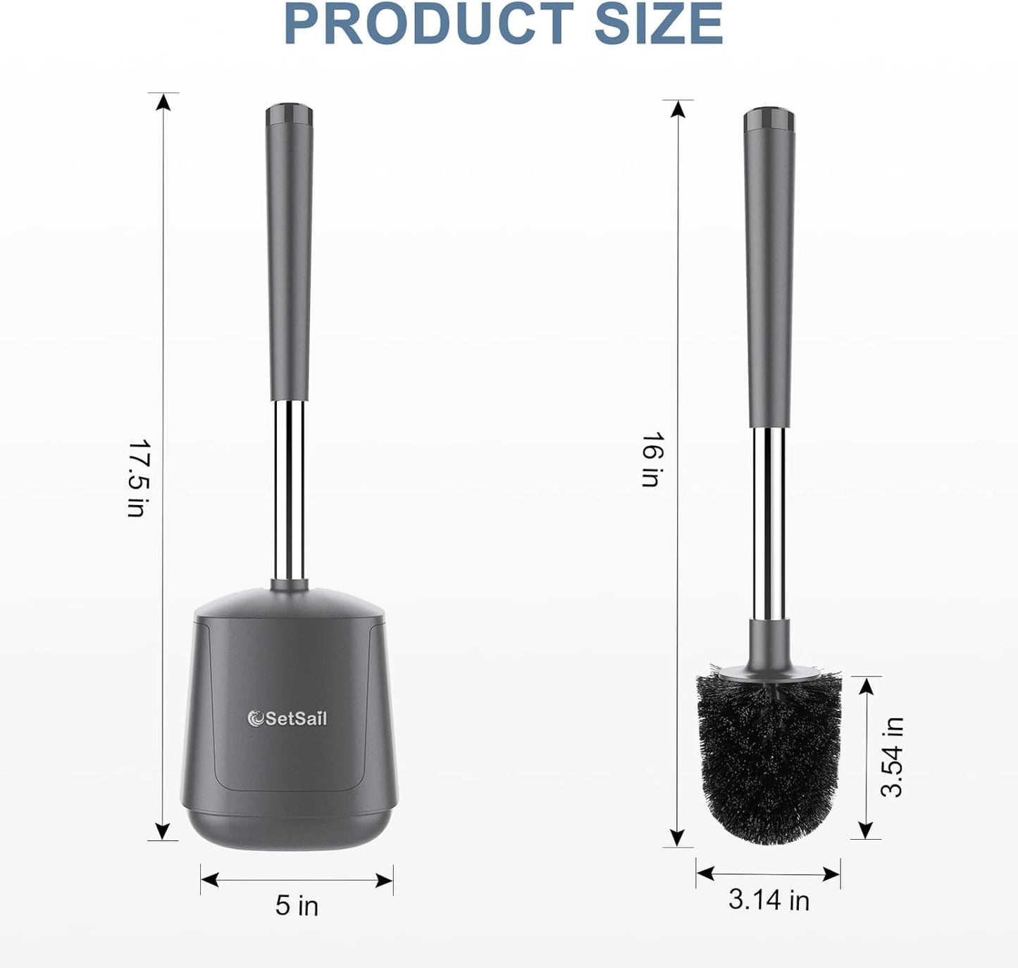 SetSail Toilet Brush and Holder 3 Pack, Self Closing Lid Toilet Bowl Brushes Holder Extra Long Handle Ventilated Toilet Brush Set for Bathroom Cleaning, Nylon Bristles, Grey