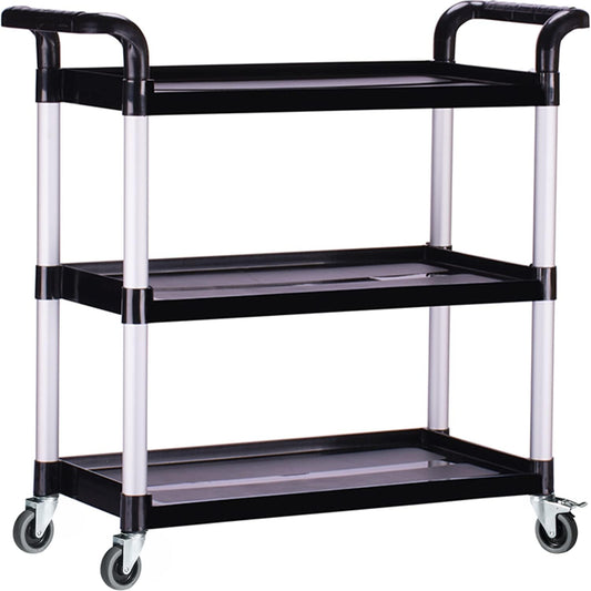 Plastic Utility Carts with Wheels, Heavy Duty 510lbs Capacity Rolling Service Cart, 3-Tier Restaurant Food Cart with Hammer for Office, Warehouse, Garage (Lockable Wheels, Black)