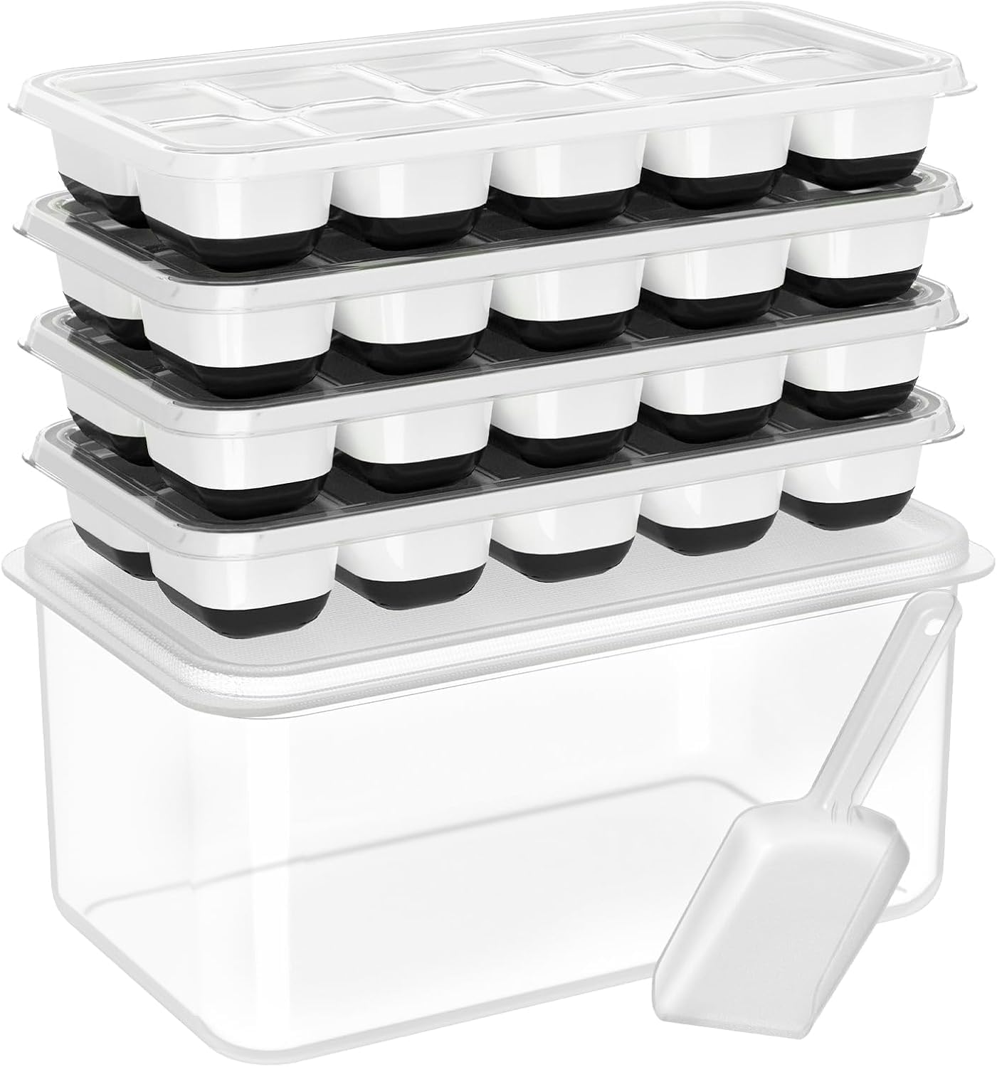 DOQAUS Ice Cube Tray with Lid and Bin, 4 Pack Silicone Plastic Ice Cubes Trays for Freezer with Box/Container, Stackable with Storage Iced Bucket Kits, Scoop, for RV, Soup, Food, Cocktail, Coffee