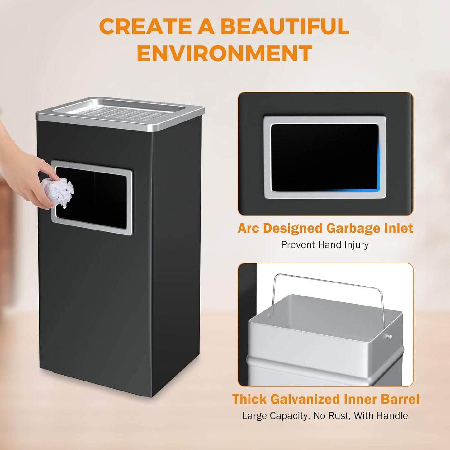BEAMNOVA Trash Can Indoor Outdoor Black Stainless Steel Commercial Garbage Can Industrial Garbage Enclosure Inside Cabinet with Lid Waste Container, Black, 31 * 25 * 61 cm / 12.2 * 9.8 * 24 in