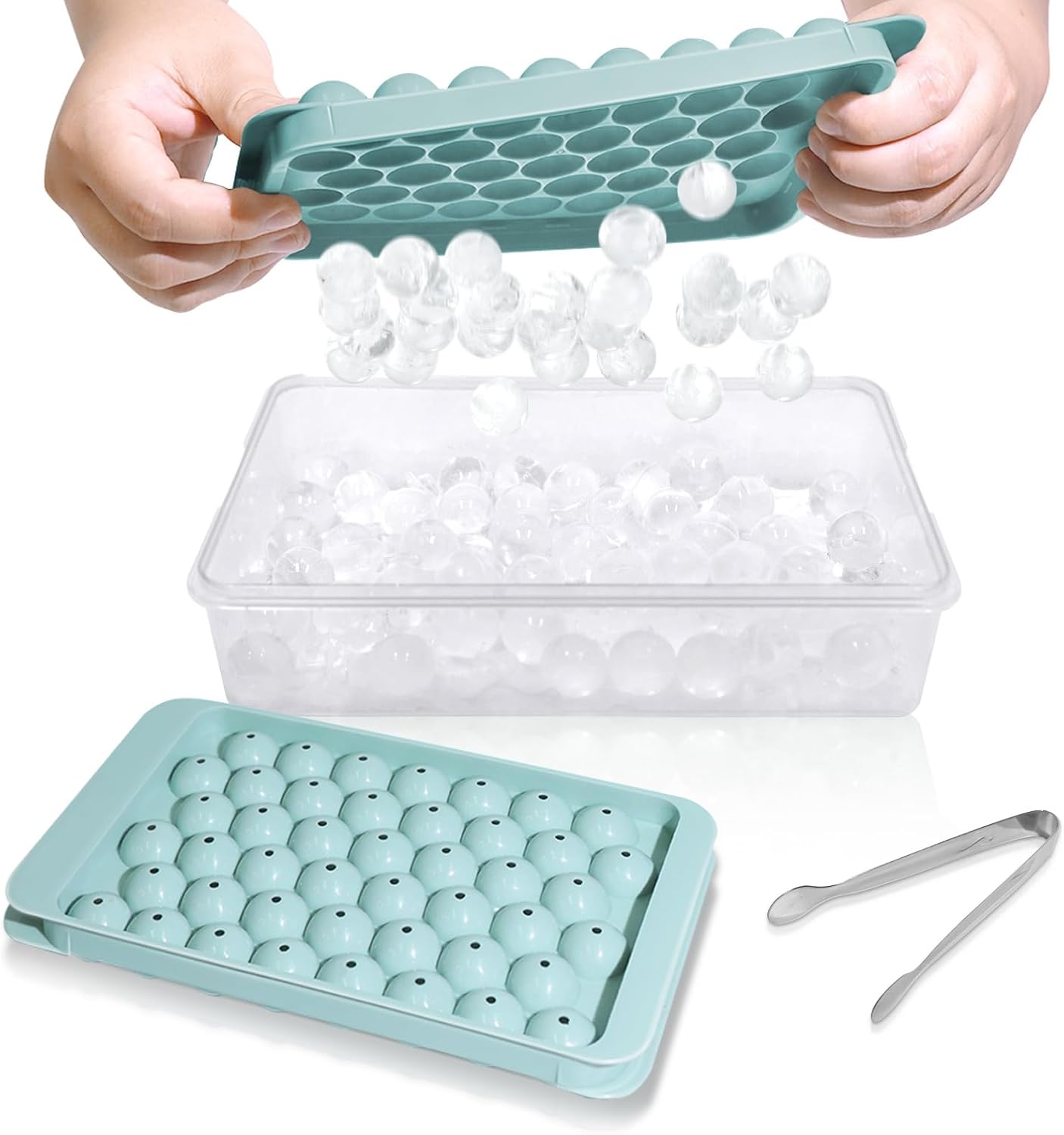 WIBIMEN Ice Cube Tray with Lid and Bin - Round Ice Trays for Freezer with Lid - Ice Cube Trays for Freezer with Ice Container (0.8"-2PACK Blue)