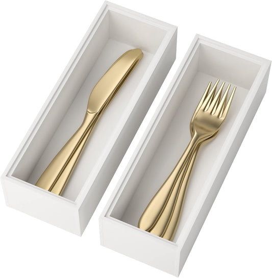 Utensil Organizer Silverware Drawer Organizer - Set of 2, Stackable Kitchen Organization, Bamboo Storage Box Tray for Kitchen Gadgets Bathroom Countertop (White)