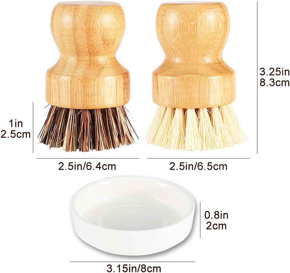 Bamboo Dish Brush with Ceramic Dish, Natural Bristle Palm Brush Pot Scrubber for Cast Iron Pans Vegetables and Kitchen Sink Cleaning - 2 Pack