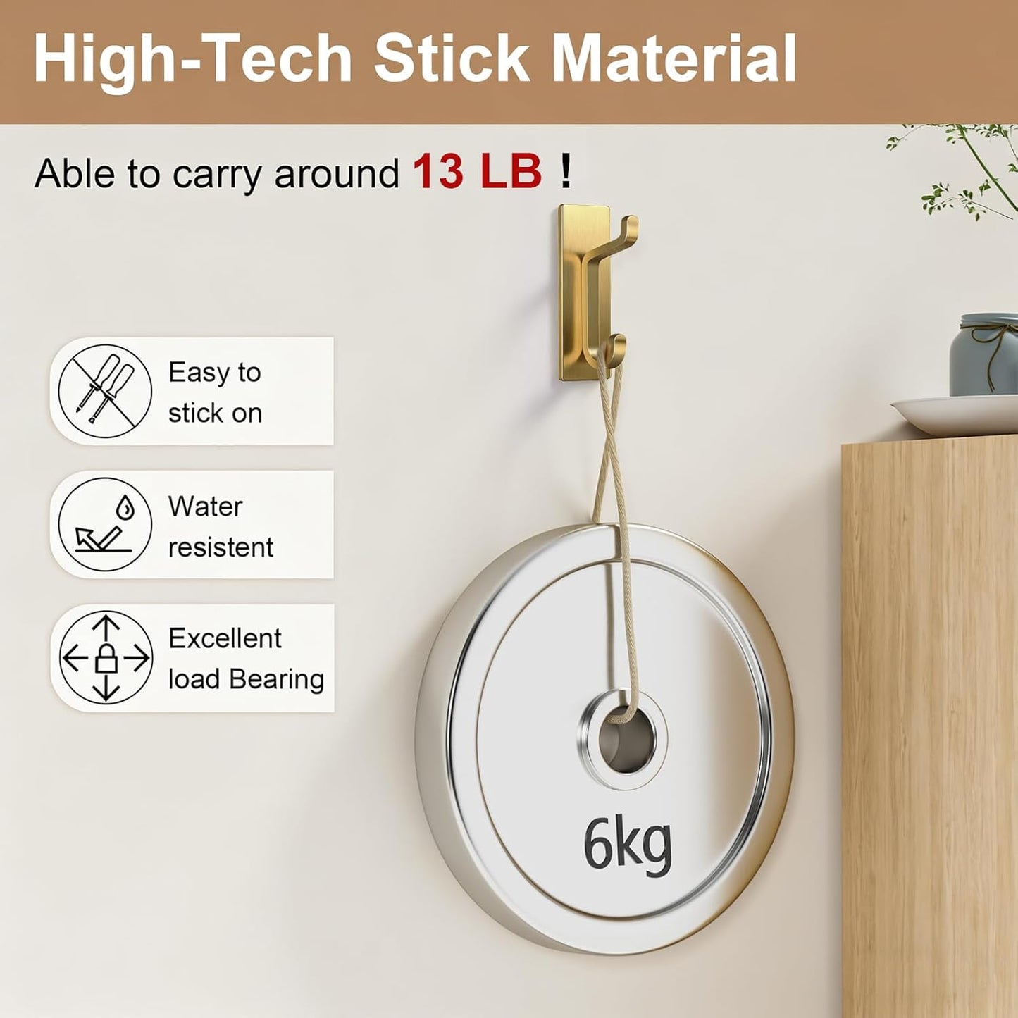 pickpiff Self Adhesive Hooks, Extra Sticky 10LB (Max), Heavy Duty Stainless, Stick On Wall and Door Hooks for Hanging, Bathroom Towel Hooks and Coat Hooks, Robe Hook Wall Mounted, Gold, 4 Pack