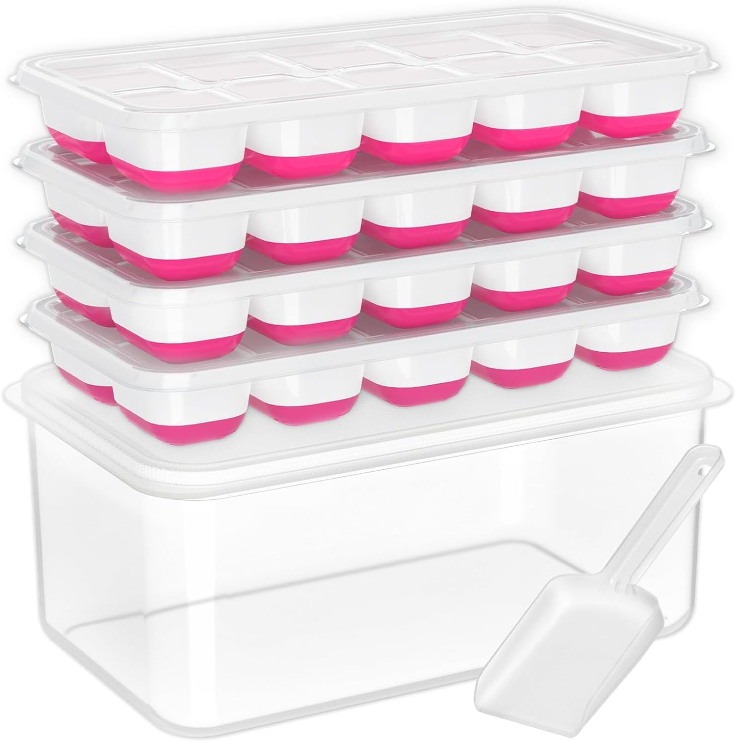 DOQAUS Ice Cube Tray with Lid and Bin, 4 Pack Silicone Plastic Ice Cubes Trays for Freezer with Box/Container, Stackable with Storage Iced Bucket Kits, Scoop, for RV, Soup, Food, Cocktail, Coffee
