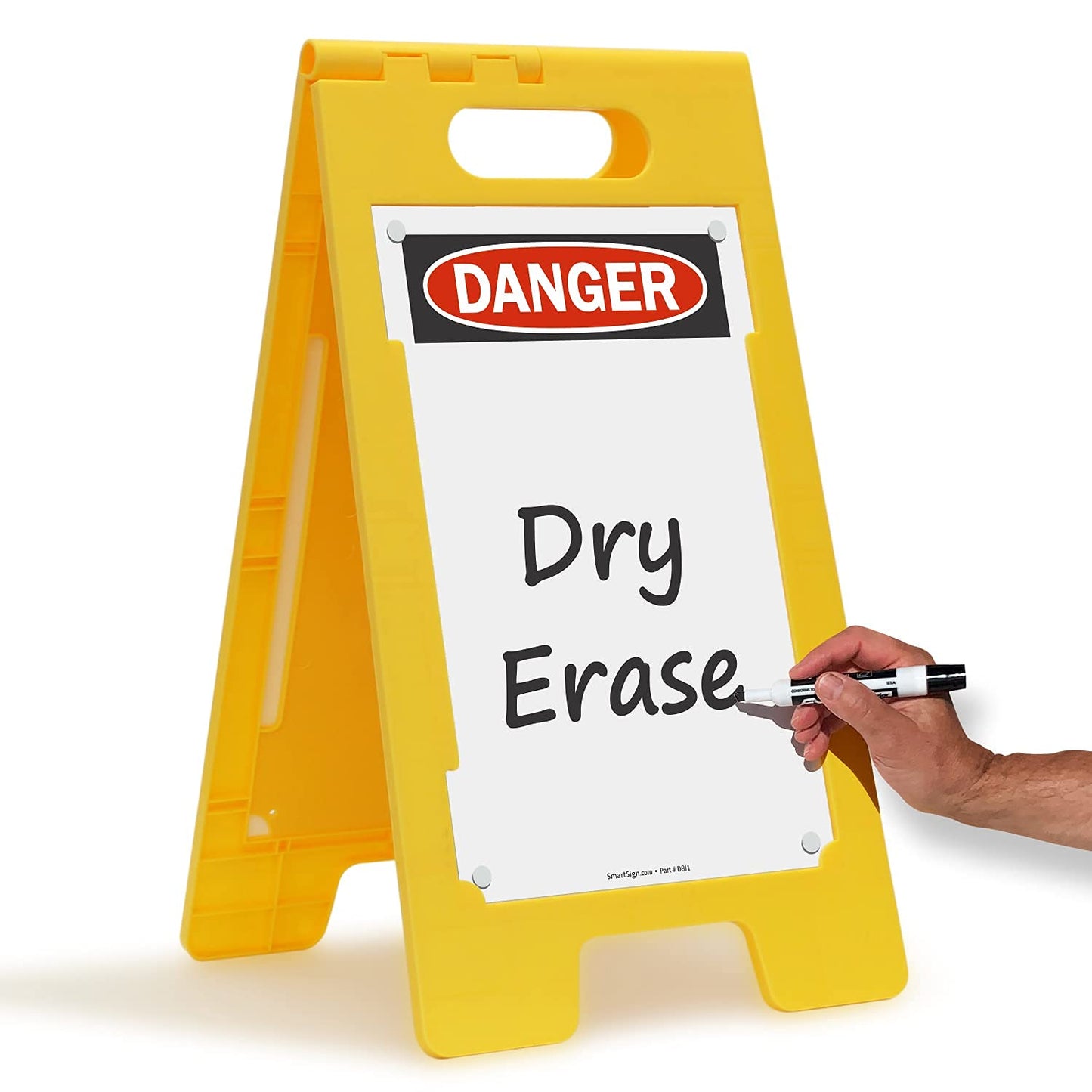 SmartSign 25 x 12 inch “Danger” Dry Erase Two-Sided Folding Floor Sign, Write-On, Portable and Lightweight A-Frame, Easy Grip Handle, Plastic, Multicolor, Made in USA